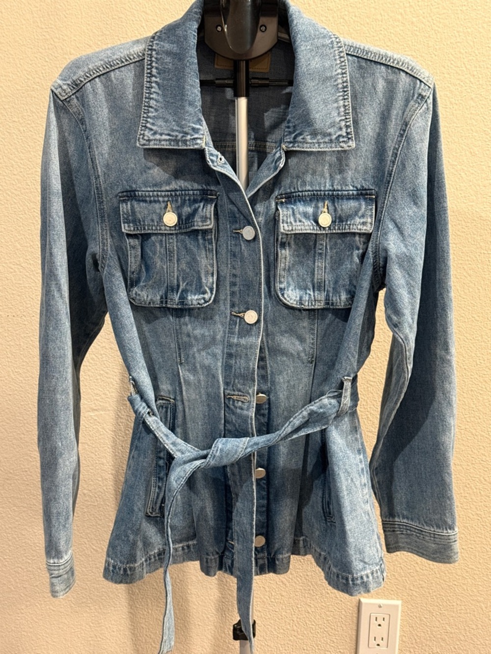 Blank NYC Light Blue Denim Jacket with Self Tie Belt